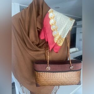 Elegant Brown Woven Rattan Handbag trimmed with Brown Silk Fabric 13”x6”x3